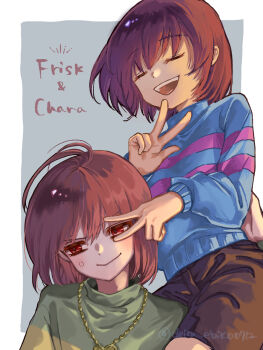  2others :> alternate_skin_color androgynous anger_vein blue_sweater bob_cut border brown_hair brown_shorts chara_(undertale) character_name closed_eyes closed_mouth commentary_request deltaebiko0721 dot_nose double_horizontal_stripe english_text frisk_(undertale) green_sweater grey_background hand_on_another's_back heart heart_necklace highres jewelry light_blush long_sleeves multiple_others necklace open_mouth other_focus outside_border partial_commentary pink_sweater red_eyes short_hair short_shorts shorts single_horizontal_stripe sitting sitting_on_shoulder smile sweater teeth twitter_username u_u undertale upper_teeth_only utdr_(toby_fox) v v_over_eye w white_border yellow_sweater 