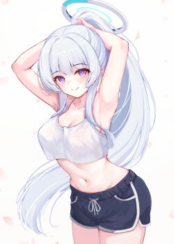  1girl absurdres alternate_costume armpits arms_behind_head arms_up bare_arms bare_shoulders black_shorts blue_archive breasts camisole cleavage closed_mouth commentary cowboy_shot crop_top crop_top_overhang dolphin_shorts drawstring halo highres long_hair looking_at_viewer medium_breasts midriff navel nezumi_(09261377) noa_(blue_archive) petals ponytail purple_eyes revision see-through_silhouette shirt short_shorts shorts sidelocks simple_background sleeveless sleeveless_shirt smile solo spaghetti_strap standing stomach tying_hair very_long_hair white_background white_hair white_shirt 