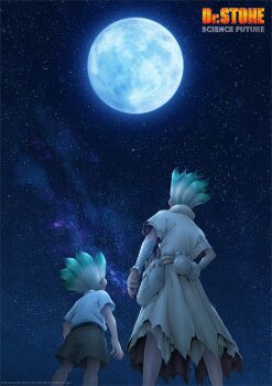  1boy bandaged_arm bandages belt brown_shorts child copyright_name dr._stone from_below full_moon gradient_hair green_hair hand_on_own_hip highres ishigami_senkuu logo looking_ahead male_focus moon multicolored_hair multiple_boys night night_sky official_art promotional_art shorts sky spiked_hair star_(sky) starry_sky super_saiyan tool_belt tools white_belt 