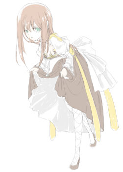  1girl arch_bishop_(ragnarok_online) breasts brown_hair brown_shoes cleavage cleavage_cutout clothing_cutout cross curtsey dress full_body green_eyes juliet_sleeves leaning_forward long_hair long_sleeves looking_at_viewer medium_breasts open_mouth puffy_sleeves ragnarok_online satsuki_yui shoes simple_background sketch skirt_hold solo thighhighs two-tone_dress white_background white_dress white_thighhighs 