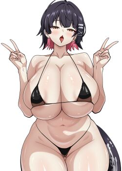  1girl a-sui absurdres ahoge alternate_breast_size_(larger) areola_slip bikini black_bikini black_hair breasts collarbone commentary_request double_v ellen_joe fins fish_tail highres huge_breasts looking_at_viewer multicolored_hair navel open_mouth orange_eyes red_hair shark_girl shark_tail short_hair solo stomach swimsuit tail two-tone_hair v zenless_zone_zero 