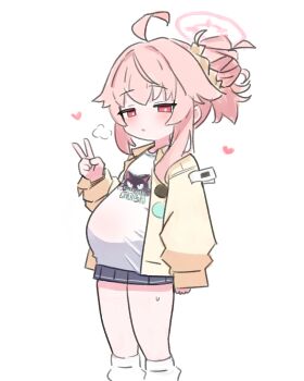  1girl ahoge big_belly black_skirt blue_archive blush commentary halo heart highres jacket looking_at_viewer loose_socks natsu_(band)_(blue_archive) natsu_(blue_archive) pink_hair pink_halo pregnant red_eyes sa_ka_(sakanoya) shirt simple_background skirt socks solo standing v white_background white_shirt white_socks yellow_jacket 