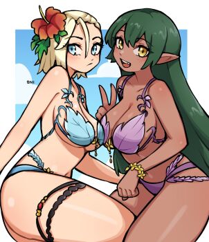  2girls bikini blonde_hair blue_bikini blue_eyes breasts cleavage commentary commission dark-skinned_female dark_skin double-parted_bangs english_commentary flower green_hair hair_between_eyes hair_flower hair_ornament highres large_breasts leaf_bikini long_hair looking_at_viewer multiple_girls oninuer open_mouth original pointy_ears purple_bikini short_hair smile swimsuit thigh_strap vgen_commission yellow_eyes 