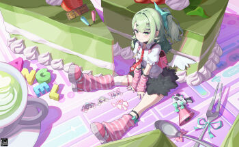  1girl absurdres arm_warmers backpack bag between_legs black_skirt cake cake_slice chinese_commentary choker collared_shirt commentary_request cup food fork green_eyes green_hair green_nails hand_between_legs highres jfzm001 leg_warmers looking_at_viewer matcha_(food) megaphone mini_person minigirl necktie pink_bag pink_nails red_necktie shirt short_sleeves single_thighhigh skirt solo spoon striped_arm_warmers striped_leg_warmers sunna_(zenless_zone_zero) thighhighs torn_clothes torn_thighhighs white_shirt white_thighhighs zenless_zone_zero 