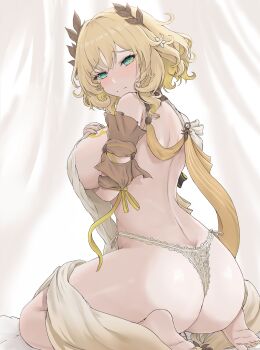  1girl absurdres aglaea_(honkai:_star_rail) ass barefoot bed_sheet blonde_hair blush breast_tattoo breasts commentary_request feet gold_tattoo green_eyes highres holding holding_sheet honkai:_star_rail honkai_(series) korean_commentary lace lace_panties large_breasts laurel_crown looking_at_viewer panties revive_(asee3882) short_hair sitting soles solo tattoo toes underwear wariza white_panties 