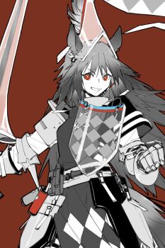  1girl animal_ears arknights armor brown_background chinese_commentary commentary_request cowboy_shot dress ears_through_headwear gauntlets hat highres lance long_hair looking_at_viewer partially_colored piaoliu_ping_ping_ping_pingzi polearm pouch red_eyes solo standing weapon wild_mane_(arknights) 