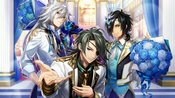  3boys alternate_costume black_hair blue_eyes bouquet buttons eyepatch flower formal_clothes green_hair hair_between_eyes hair_ornament hair_over_one_eye highres loki_(valkyrie_connect) long_hair long_sleeves lupus_(valkyrie_connect) multiple_boys non-web_source official_art reaching reaching_towards_viewer red_eyes skirnir smile valkyrie_connect white_hair  rating:Sensitive score:2 user:ZenebasFury