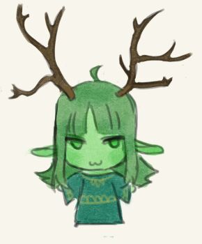  1girl :3 ahoge antlers blunt_bangs blush brown_horns chibi chibi_only closed_mouth colored_skin commentary deer_antlers dress english_commentary full_body green_dress green_eyes green_hair green_skin horns long_dress long_hair long_sleeves looking_at_viewer lunacid patchouli_(lunacid) pointy_ears sidelocks simple_background solo strangea1chemy white_background 