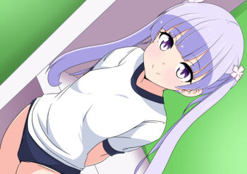  1girl buruma dutch_angle flower gym_uniform hair_flower hair_ornament naruse_mai new_game! purple_eyes purple_hair suzukaze_aoba twintails 