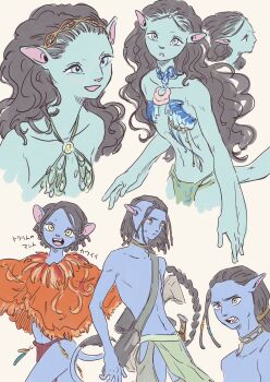  1boy 2girls black_hair blue_skin braid child colored_skin commentary_request dreadlocks fur-tipped_tail green_loincloth halterneck highres james_cameron's_avatar lo'ak long_hair monster_boy monster_girl multiple_girls multiple_views natsuko_sub02 poncho simple_background single_braid tail tsireya tuktirey very_long_hair wavy_hair yellow_background 