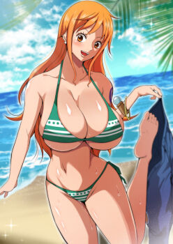  1girl adapted_costume bangle beach bikini blush bracelet breasts cleavage denim feet highres jeans jewelry large_breasts legs log_pose long_hair looking_at_viewer nami_(one_piece) nami_(one_piece)_(return_to_sabaody) navel ocean one_piece open_mouth orange_eyes orange_hair outdoors pants qdoujin_(pixiv44648813) shoulder_tattoo side-tie_bikini_bottom smile solo swimsuit tattoo thighs underboob undressing water  rating:Sensitive score:56 user:spk