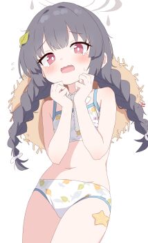 1girl absurdres bare_arms bare_legs bare_shoulders bikini black_hair blue_archive blush braid cowboy_shot grey_halo halo highres leaf_print long_hair looking_at_viewer miyu_(blue_archive) miyu_(swimsuit)_(blue_archive) navel official_alternate_costume open_mouth red_eyes simple_background solo swimsuit twin_braids white_background white_bikini yukisiannn rating:Sensitive score:35 user:danbooru