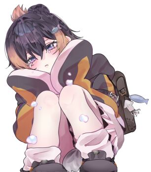  1girl :t bags_under_eyes black_hair blonde_hair blush crying crying_with_eyes_open fish_hair_ornament folded_ponytail full_body hair_between_eyes hair_intakes hair_ornament hands_on_own_chin head_rest highres hood hood_down loose_socks multicolored_hair nijisanji nijisanji_en penguin_tail petra_gurin petra_gurin_(1st_costume) simple_background sleeves_past_fingers sleeves_past_wrists socks solo squatting streaked_hair tail tears virtual_youtuber white_background yopi_sushi0141 