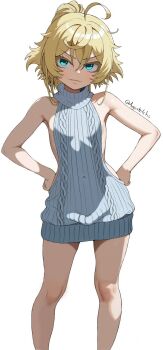  1girl ahoge augusketchs backless_dress backless_outfit bare_back bare_shoulders blonde_hair breasts dress grey_sweater highres naked_sweater parted_lips ribbed_sweater sideboob simple_background smile smug solo sweater sweater_dress tanya_degurechaff turtleneck turtleneck_sweater virgin_killer_sweater white_background youjo_senki 