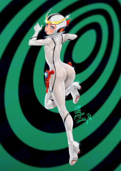  1boy 2024 ass blue_eyes bodysuit casshern casshern_(series) casshern_sins commentary_request covered_erect_nipples covered_ribs dated emblem foot_up_heel_up from_behind full_body glint green_background gun handgun hands_up helmet high_heel_bodysuit high_heels highres light_blush looking_at_viewer looking_back male_focus midair open_mouth po-ju science_fiction shoe_soles signature solo standing standing_on_one_leg trap two-tone_background weapon white_bodysuit white_helmet 