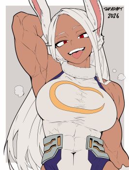  1girl 2026 animal_ears arm_behind_head arm_up armpits artist_name bare_shoulders boku_no_hero_academia border breasts commentary covered_abs covered_navel crescent_print dark-skinned_female dark_skin english_commentary fur_collar gloves grey_background hair_over_shoulder highleg highleg_leotard highres large_breasts leotard long_eyelashes long_hair looking_at_viewer mirko parted_bangs presenting_armpit rabbit_ears rabbit_girl red_eyes sinpadart smile solo taut_leotard teeth tongue tongue_out unfinished upper_body very_long_hair white_border white_gloves white_hair white_leotard 