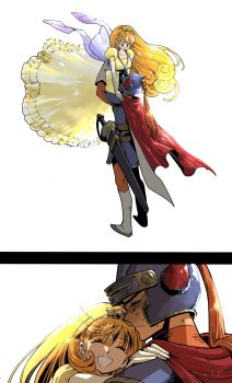  1boy 1girl back_bow belt black_border blue_eyes blue_tunic blush bodysuit boots border bow breasts brown_belt cape closed_eyes commentary_request couple curly_ends d_d_work dragon_quest dragon_quest_i dress earrings elbow_gloves fake_horns full_body gloves grey_boots grey_gloves hair_between_eyes hand_on_another's_shoulder helmet hero_(dq1) hetero highres horned_helmet horns jewelry light_frown long_dress long_hair medium_breasts orange_bodysuit orange_hair parted_lips pendant plume princess_laura puffy_short_sleeves puffy_sleeves red_cape sheath sheathed short_sleeves smile standing sweat sword teeth tiara tunic upper_body weapon white_background white_gloves yellow_dress 