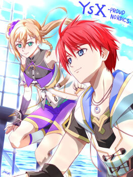  1boy 1girl adol_christin blue_eyes blue_sky braid commentary_request double-parted_bangs green_eyes jewelry karja_balta light_smile necklace pendant pikkard_(ys) purple_scrunchie red_hair scrunchie shell shell_necklace short_hair side_braid side_ponytail simple_background sky xiacheng_tatsuya ys ys_x:_nordics 