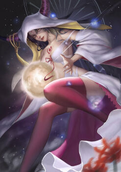  1girl black_hair boots breasts cleavage clothing_cutout commentary detached_sleeves fate/extra fate/extra_ccc fate/grand_order fate_(series) feet_out_of_frame flower forehead_tattoo giant giantess halo halo_behind_head horn_ornament horn_ring horns inuba_(renxsol) large_breasts licking_lips lips long_hair long_sleeves looking_at_viewer multicolored_horns pink_boots pink_horns pink_ribbon planet purple_horns red_flower ribbon sessyoin_kiara sessyoin_kiara_(heaven's_hole) sessyoin_kiara_(third_ascension) sideboob solo space spider_lily stomach_cutout tassel tattoo thigh_boots tongue tongue_out two-tone_horns veil very_long_hair white_devil white_veil wide_sleeves yellow_eyes 