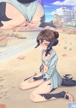  1girl absurdres anus ass au_ra bar_censor beach bikini blush brown_hair censored final_fantasy final_fantasy_xiv highres pee peeing purple_eyes pussy rune_(dualhart) sand sweat swimsuit  rating:Explicit score:119 user:sidebyside