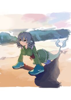  1girl absurdres ai-generated_art_(topic) beach blue_eyes blue_shoes breasts drill_hair fins green_kimono hair_between_eyes head_fins highres holding holding_shoes holding_unworn_clothes italian_brainrot_ai_animals_(meme) japanese_clothes kimono looking_ahead lying medium_breasts meme mermaid monster_girl nike_(company) obi on_floor sash shadow shoes short_hair sidelocks solo tail touhou tralalero_tralala unworn_shoes wakasagihime waves yorange17 