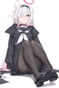  1girl black_choker black_eyes black_hairband black_serafuku blue_archive braid choker colored_inner_hair commentary_request fangxiang_cuoluan hair_over_one_eye hairband halo highres loafers long_hair long_sleeves looking_at_viewer multicolored_hair neckerchief panties panties_under_pantyhose pantyhose pink_hair pink_halo plana_(blue_archive) red_pupils sailor_collar school_uniform serafuku shoes single_braid skirt solo underwear very_long_hair white_hair white_neckerchief white_panties  rating:Sensitive score:57 user:danbooru