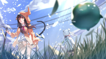  1other 2girls absurdres asakura_karen_(heaven_burns_red) back-to-back black_hair bow bowtie cable double_bun glass_shards grass grey_hair hair_bun heaven_burns_red highres hood hooded_jacket jacket low_twintails min_yuki multiple_girls narby_(heaven_burns_red) school_uniform twintails yamawaki_bon_ivar 