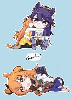  2girls absurdres animal_ears bandaid bandaid_on_face bandaid_on_nose belt black_hair black_thighhighs blush bomber_jacket boots bow breasts brown_ribbon character_doll chest_sarashi closed_eyes closed_mouth commentary dog_tags doll doqute_stuffed_doll ear_bow ear_ribbon green_jacket hair_between_eyes highres horse_ears horse_girl horse_tail hugging_doll hugging_object jacket long_hair long_sleeves mayano_top_gun_(casual)_(umamusume) mayano_top_gun_(scramble_zone)_(umamusume) mayano_top_gun_(umamusume) multiple_girls narita_brian_(casual)_(umamusume) narita_brian_(maverick)_(umamusume) narita_brian_(umamusume) open_clothes open_jacket open_mouth orange_eyes orange_hair pants plaid_clothes plaid_skirt ponytail purple_pants ribbon rope sarashi shimenawa shirt shorts skirt smile sweater tail thighhighs two_side_up umamusume white_belt white_shirt white_shorts white_sweater yellow_eyes yellow_shirt yellow_skirt yonu_(yonurime) 