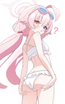 1girl ? absurdres ahoge ass ass_focus ass_support back bare_arms bare_shoulders bikini blue_archive blue_eyes blush cowboy_shot eyewear_on_head flat_chest frilled_bikini frills from_behind halo hands_on_own_ass heterochromia highres hoshino_(blue_archive) hoshino_(swimsuit)_(blue_archive) long_hair looking_at_viewer looking_back low_twintails nonddu official_alternate_costume open_mouth pink_hair pink_halo sidelocks simple_background solo standing swimsuit thighs twintails very_long_hair white_background white_bikini yellow_eyes rating:Sensitive score:102 user:danbooru