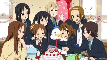  6+girls akiyama_mio birthday black_eyes black_hair blush brown_eyes brown_hair bushy_eyebrows cake character_name closed_eyes confetti cup day dessert dot_nose feet_out_of_frame female_focus food forehead fork fruit gift glasses hair_between_eyes hair_ornament hairclip happy_birthday headband heart hirasawa_ui hirasawa_yui holding holding_utensil indoors jacket japanese_text k-on! k-on!_movie kotobuki_tsumugi long_hair long_sleeves manabe_nodoka multiple_girls nakano_azusa official_art one_eye_closed open_mouth sakuragaoka_high_school_uniform school_uniform shirt short_hair siblings sisters standing strawberry tainaka_ritsu teeth thick_eyebrows translation_request twintails utensil white_shirt window yamanaka_sawako yellow_headband 