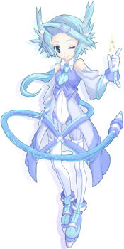  1girl ;) blue_boots blue_eyes blue_hair blue_pantyhose blue_shirt boots breasts closed_mouth clothing_cutout collared_shirt commentary_request curtained_hair full_body gloves hair_ears index_finger_raised long_hair long_sleeves looking_at_viewer low_ponytail one_eye_closed pantyhose pinstripe_pantyhose pixiv pixiv-tan ponytail shirt shoulder_cutout simple_background small_breasts smile solo standing star_(symbol) stylus swept_bangs thighhighs thighhighs_over_pantyhose white_background white_gloves white_thighhighs yuki_dango 