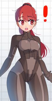  ! 1girl :o absurdres black_bodysuit bodysuit breasts commentary cosplay english_commentary eyelashes floating_hair gjh gluteal_fold grid_background high_ponytail highres kirijou_mitsuru kirijou_mitsuru_(cosplay) large_breasts long_hair looking_to_the_side loose_hair_strand persona persona_4:_the_ultimate_in_mayonaka_arena persona_5 persona_5_the_royal ponytail red_eyes red_hair simple_background solo standing teeth upper_teeth_only white_background yoshizawa_kasumi 
