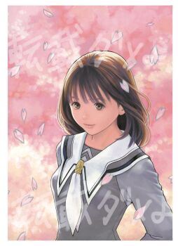  1girl brown_eyes brown_hair cherry_blossoms closed_mouth highres i"s katsura_masakazu lips long_hair long_sleeves looking_at_viewer official_art school_uniform smile solo upper_body watermark yoshizuki_iori 