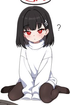 1girl ? age_regression aged_down black_hair black_pantyhose blue_archive blush bright_pupils commentary halo highres io9 long_sleeves looking_at_viewer medium_hair oversized_clothes pantyhose red_eyes ringed_eyes rio_(blue_archive) simple_background sitting skirt sleeves_past_fingers sleeves_past_wrists solo sweatdrop sweater unworn_skirt wariza white_background white_pupils white_sweater 