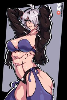  1girl abs angel_(kof) antonubbies backless_pants blue_eyes bluesky_logo bra breasts chaps cleavage jacket large_breasts leather leather_jacket looking_at_viewer midriff muscular muscular_female navel obliques pants short_hair simple_background snk solo strapless strapless_bra the_king_of_fighters the_king_of_fighters_xiv twitter_username underwear 