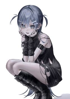  absurdres arm_belt arm_strap arm_warmers belt_boots black_arm_warmers black_boots black_dress blue_eyes blue_hair blush bone_hair_ornament boots cartoon_bone chain chain_necklace commentary_request dress ear_chain ear_piercing hair_between_eyes hair_ornament hairpin hands_on_own_face highres jewelry linked_piercing long_hair looking_at_viewer multiple_hairpins multiple_rings necklace piercing punk qianjian ring shirt short_side_ponytail short_twintails skeleton_print smile squatting text_hair_ornament torn_clothes torn_dress torn_shirt twintails virtual_youtuber vspo! y2k_fashion yano_kuromu yano_kuromu_(1st_costume) 