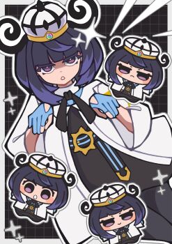  1girl :o belt belt_buckle black_dress black_hair black_pantyhose blue_gloves blunt_bangs bob_cut buckle chibi chibi_inset closed_mouth coat dress frown fyrvwyhrdgjlfka gloves gradient_hair gwynn_(pokemon) hat highres looking_at_viewer mega_stone multicolored_hair multiple_views nintendo o-ring o-ring_belt open_clothes open_coat open_mouth outline pantyhose partially_fingerless_gloves pokemon pokemon_legends:_z-a purple_eyes purple_hair short_hair smile white_coat white_outline 