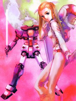  1girl blonde_hair blue_eyes earth_federation ecole_du_ciel energy_sword erisia_nocton gm_(mobile_suit) gm_canard gundam helmet highres holding holding_unworn_helmet looking_at_viewer machinery mecha mecha_pilot_suit mikimoto_haruhiko mobile_suit nebula painting_(medium) pilot pink_background pink_light robot scan science_fiction star_(sky) sword traditional_media unworn_headwear unworn_helmet weapon 