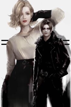  1boy 1girl black_gloves black_pants blonde_hair closed_mouth coat commentary english_commentary gloves grace_ashcroft highres leon_s._kennedy looking_at_viewer momokulala pants parted_bangs resident_evil resident_evil_requiem shirt short_hair white_shirt 