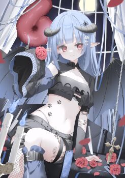  1girl above-cleavage_cutout absurdly_long_hair aono_yoru arm_at_side arm_tattoo balloon birthday black_horns black_shorts black_wings blue_fire blue_hair blunt_bangs breasts bridal_gauntlets candelabra candle candlestand closed_mouth clothing_cutout commission couch crop_top curtains dagger demon_girl detached_sleeves ear_piercing earrings falling_petals feet_out_of_frame fire fishnets flower full_moon glint hair_ornament hand_rest hand_up high-waist_panties highres horns indie_virtual_youtuber indoors jewelry knife leg_tattoo light_smile long_hair mandarin_collar meandros meandros_trim mismatched_earrings moon night night_sky number_balloon omotikaeri on_couch pale_skin paw_print paw_tattoo petals piercing pointy_ears red_eyes red_flower red_petals red_rose rose second-party_source short_shorts shorts sidelocks single_detached_sleeve single_sleeve_past_fingers sitting sky small_breasts solo stomach stomach_tattoo tattoo very_long_hair weapon window wings 