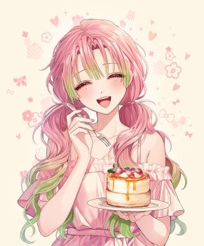  1girl 2ixkl18968 alternate_breast_size_(smaller) alternate_costume alternate_hairstyle bare_shoulders blush bow_print breasts choppy_bangs closed_eyes collarbone commentary_request dress facing_viewer food fork gradient_hair green_hair happy highres holding holding_fork holding_plate kanroji_mitsuri kimetsu_no_yaiba korean_commentary light_blush long_hair low_twintails mole mole_under_each_eye mole_under_eye multicolored_hair multiple_moles nail_polish open_mouth pancake pancake_stack pink_dress pink_hair pink_nails plate simple_background small_breasts smile solo spaghetti_strap syrup teeth twintails two-tone_hair upper_body upper_teeth_only white_background 