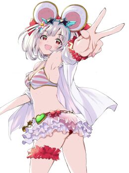 1girl :d animal_ears ass bikini commentary_request cowboy_shot eyewear_on_head fake_animal_ears flower granblue_fantasy hair_flower hair_ornament highres looking_at_viewer mouse_ears navel open_mouth pink_nails red_eyes simple_background smile solo star-shaped_eyewear star_(symbol) striped_bikini striped_clothes swimsuit thigh_strap v vikala_(blooming_summer_wallflower)_(granblue_fantasy) vikala_(granblue_fantasy) white_background white_hair yumeno_tanuki 