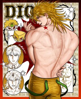  1boy :3 absurdres arm_up blonde_hair blood blood_on_face border clenched_teeth closed_mouth cowboy_shot dio_brando english_text from_behind hand_on_own_hip highres jojo_no_kimyou_na_bouken long_hair looking_back male_focus mechimun_jojo multiple_views pants phantom_blood plant red_border scar scar_on_neck smile sparkle stand_(jojo) stardust_crusaders stone_mask_(jojo) teeth the_world_(stand) thorns topless_male vines yellow_pants 