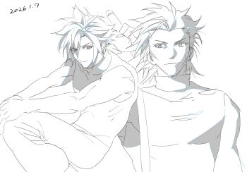  2boys baggy_pants bare_shoulders closed_mouth cloud_strife commentary_request cross_scar dated facial_scar feet_out_of_frame final_fantasy final_fantasy_vii hair_between_eyes highres light_smile male_focus minaminooyama multiple_boys pants scar scar_on_cheek scar_on_face short_hair sideburns sketch sleeveless sleeveless_turtleneck spiked_hair suspenders sword sword_on_back turtleneck upper_body weapon weapon_on_back white_background zack_fair 