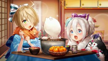  2girls :o alternate_costume blonde_hair blue_eyes blush carliss chopsticks dog food garm_(valkyrie_connect) green_eyes hair_over_one_eye highres indoors multiple_girls non-web_source official_art open_mouth symbol-shaped_pupils table tea tongue tongue_out vali_(valkyrie_connect) valkyrie_connect white_hair  rating:Sensitive score:3 user:ZenebasFury
