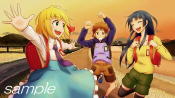  1boy 2girls absurdres backpack bag bandaid blonde_hair blue_hair blue_skirt bow bridge brown_hair brown_shorts commentary_request danjyo frills green_shorts higanbana_no_saku_yoru_ni highres hood hoodie multiple_girls name_tag necktie outstretched_arms purple_necktie red_bow road sakaki_yukari sample_watermark shorts skirt smile sumire_(higanbana) sunset watermark wheat_field yoshikawa_masaaki 
