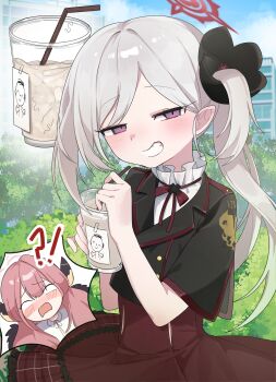  !? 2girls absurdres aru_(blue_archive) black_jacket blank_eyes blue_archive commentary commission cum cum_in_container cum_in_cup cup doodle_sensei_(blue_archive) drinking_glass drinking_straw grey_hair grin halo highres jacket long_hair multiple_girls mutsuki_(blue_archive) open_mouth pink_hair purple_eyes puru_(user_tfxh5575) red_halo red_skirt sensei_(blue_archive) side_ponytail skirt smile surprised 