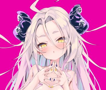  1girl ahoge bare_shoulders blue_hair blush horns long_hair looking_at_viewer multicolored_nails nail_polish nude nyahu_(nyahu_77) open_mouth original pink_background pink_hair simple_background solo triangle_mouth vrchat white_hair yellow_eyes zome_(vrchat)  rating:Sensitive score:1 user:Gunnerkrigg