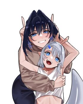  1boy 1girl :d absurdres armpits arms_up bare_arms bare_shoulders black_hair black_pants blue_bow blue_eyes blue_hair boros_(ouro_kronii) bow brown_shirt daaku_(koizumi_arata) grin hair_between_eyes hair_bow hair_intakes hat head_tilt highres hololive hololive_english horns_pose hug hug_from_behind long_sleeves medium_hair multicolored_hair open_mouth ouro_kronii pants personification pointy_ears puffy_long_sleeves puffy_sleeves shirt simple_background sleeveless sleeveless_shirt slit_pupils smile snake_tail tail tokin_hat tongue two-tone_hair virtual_youtuber white_background white_hair 