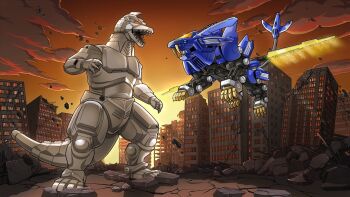  artist_request blade_liger building cable cannon city claws crossover debris destruction dinosaur directed-energy_weapon energy_cannon energy_weapon fangs giant giant_monster giant_robot godzilla_(series) godzilla_battle_line godzilla_vs._mechagodzilla_ii japanese_text jumping kaiju liger_zero mecha mechagodzilla monster motion_blur mouth_cannon no_humans no_pupils now_production official_art open_mouth orange_eyes orange_sky promotional_art roaring robot rubble sharp_teeth sky skyscraper sword tail teeth textless_version toho toho_games tomytec trident_tail twilight variant_set weapon yellow_eyes yellow_sky zoids zoids_chaotic_century 